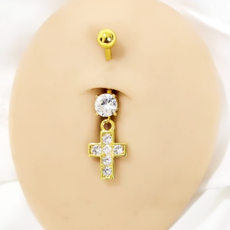 Cross Pendant Belly Button Ring Gold Copper Inlaid Stone Dangle Piercing Jewelry - Image 4