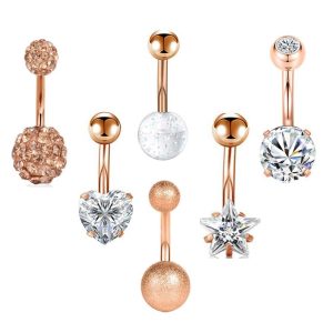 Rose Gold Star Belly Ring Set – 6 Piece Stainless Steel Body Piercing Jewelry