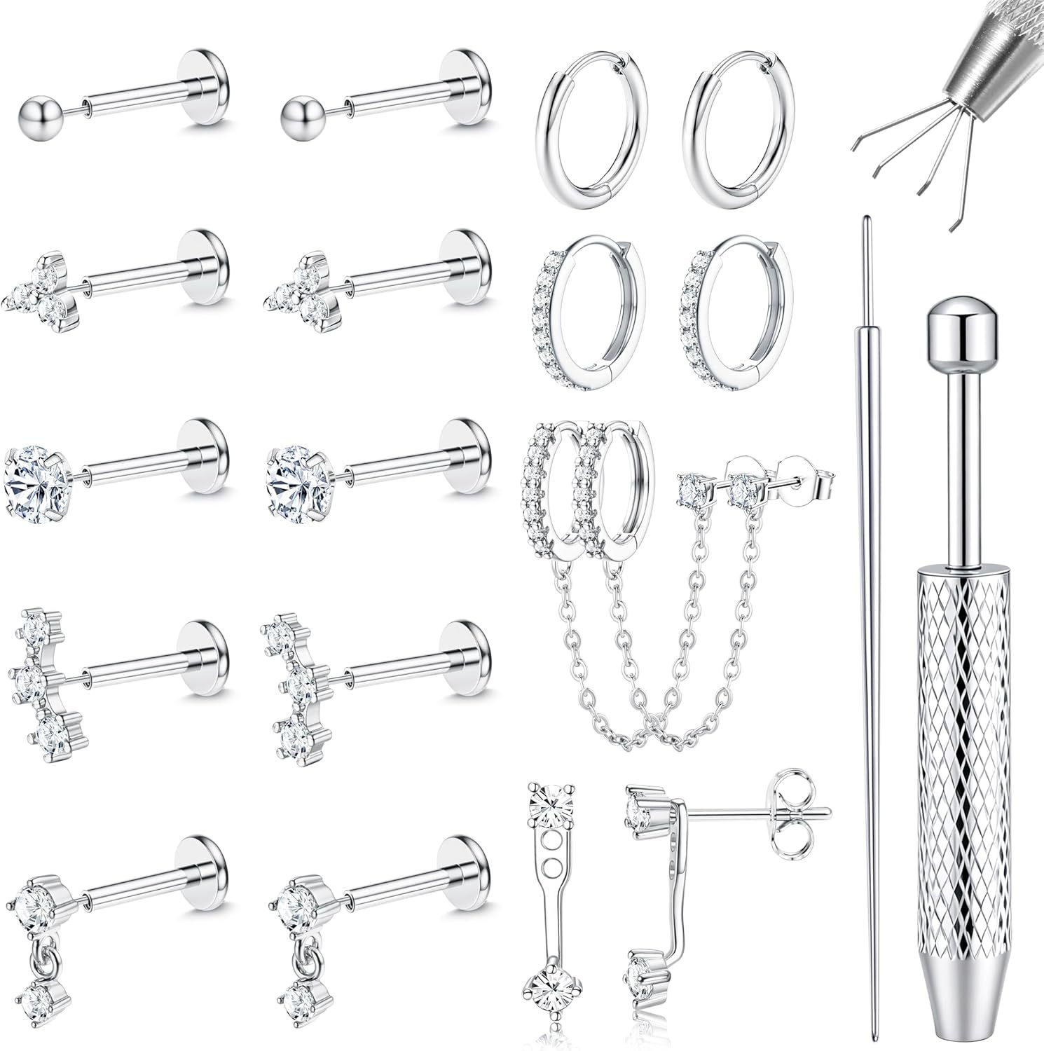 20 Piece Stainless Steel Lip Studs and Ear Cartilage Hoops Set, 20G Real Gold Plated Zircon Earrings - Image 5