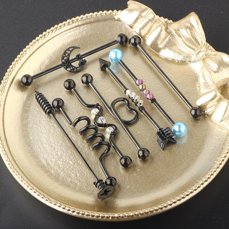 Black Suit Industrial Barbell Earrings Double Ear Piercing Bridge Ear Studs Ear Bone Ring Barbell Set - 316L Surgical Steel - Image 5