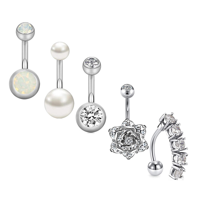 Stainless Steel Zircon Belly Ring Set - 5 Piece Navel Piercing Jewelry with Cactus Floral Design - Image 3