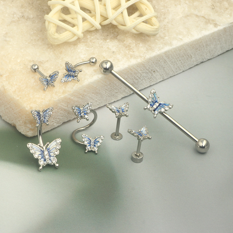 Oil Dripping Butterfly Star Navel Ring Set - 7Pcs Body Piercing Jewelry Stainless Steel - Image 4