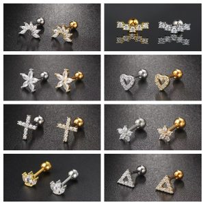 18K Gold Heart-Shaped Zircon Cartilage Ear Stud Stainless Steel Screw Ball Earring for Women