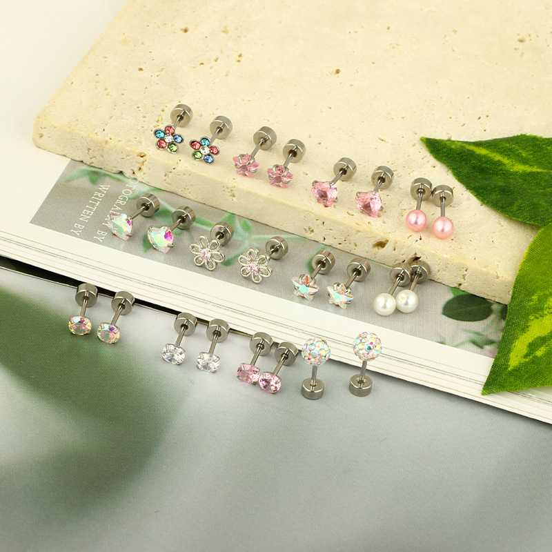 Amazon New Stainless Steel Star Ear Stud Screw Ear Nail Pink 24-Piece Set - Geometric Body Jewelry Wholesale - Image 5