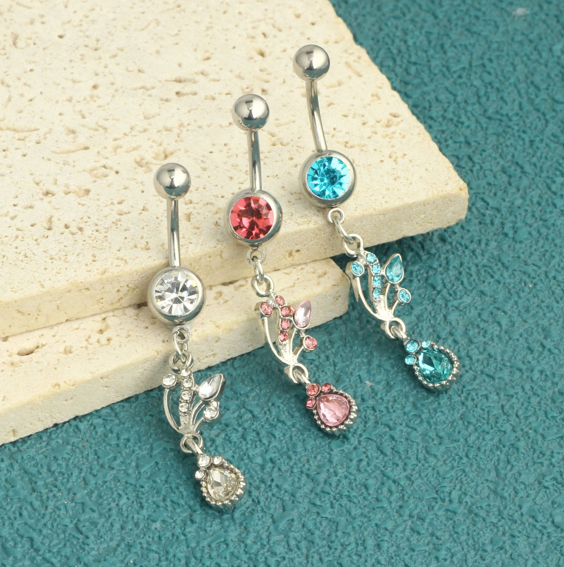 New Exquisite Heart Shape Stainless Steel Dangle Belly Ring Lanyard Navel Piercing Jewelry Blue - Image 5