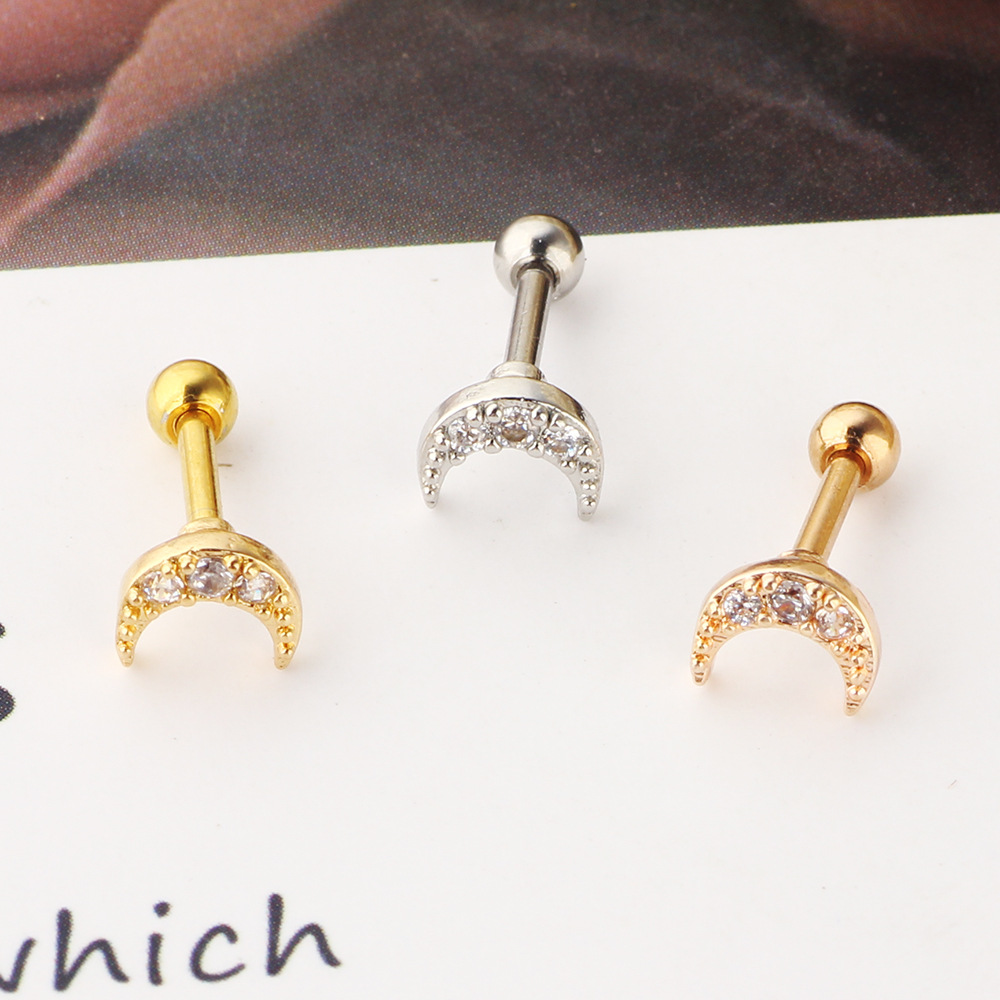 Zircon Stainless Steel Women's Ear Bone Nail Screw Earrings Piercing Jewelry Moon Lip Ring - Image 5