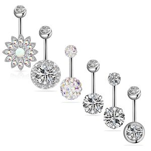 Opal Navel Ring 6 Set Silver Zircon Belly Button Piercing Jewelry Stainless Steel