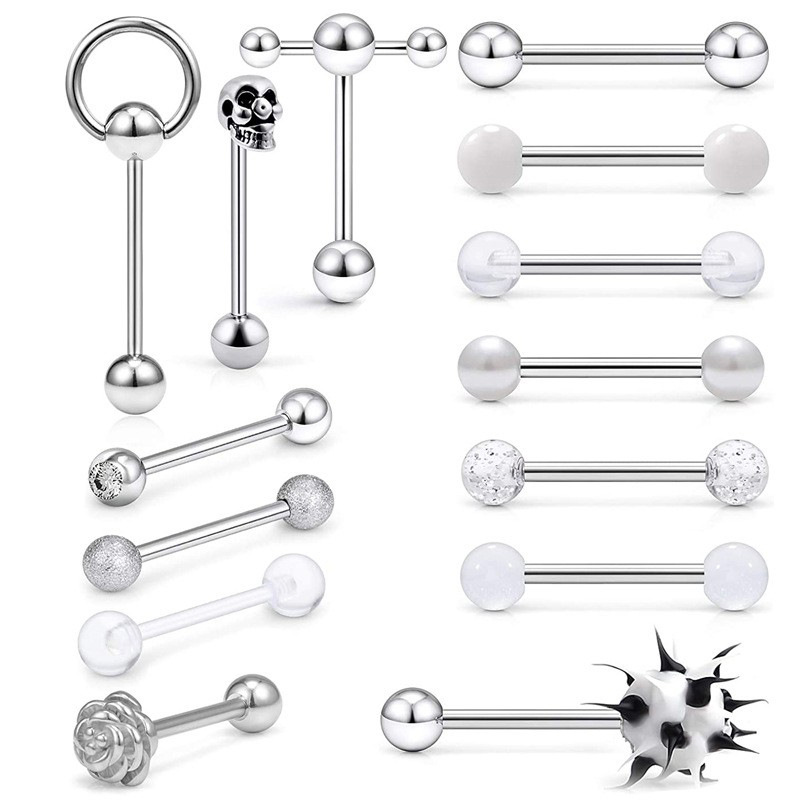 14 Piece Stainless Steel Tongue Stud Set - 4 Color Options Mixed Star Shape Straight Rod Tongue Ring Piercing Jewelry for Quick Sale - Image 3