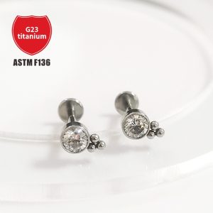 F136 Titanium Ear Stud with Zircon Beads - 12mm Labret Stud for Cartilage Helix Tragus Piercing