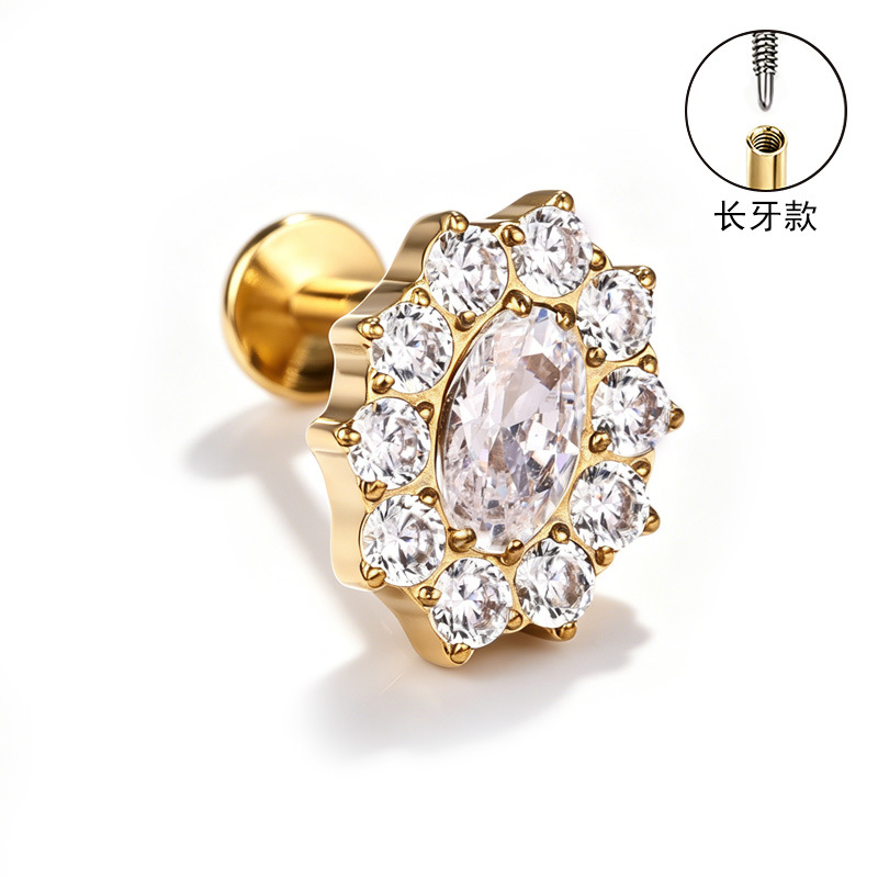 F136 Titanium Alloy Long Tooth Ear Studs, Carved Ear Bone Studs with Zircon, G23 Titanium Body Piercing Jewelry - Image 4