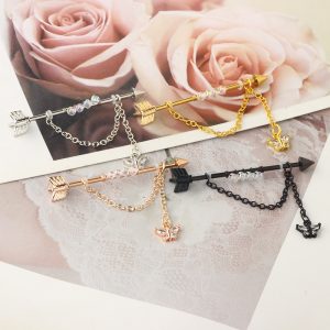 Industrial Rod Ear Chain Handmade Beads Star Dangle Long Earring Stainless Steel Black