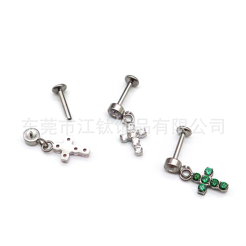 F136 Titanium Stud Earring Cylindrical Cross Pendant Inlaid 5A Zircon G23 Titanium Alloy Body Piercing Ear Bone Stud - Image 2