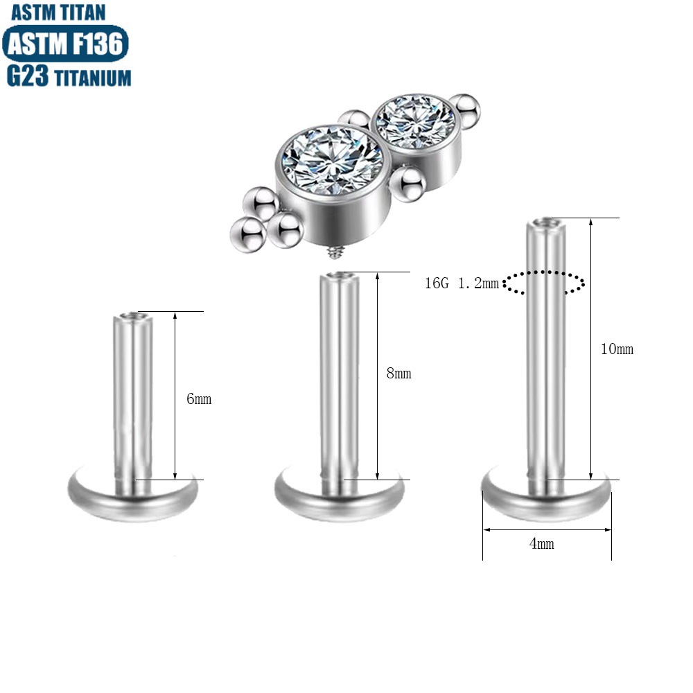 G23 Titanium Zircon Bead Cluster Lip Ring Stud Earring Body Piercing Jewelry Silver 1.2*10mm - Image 2