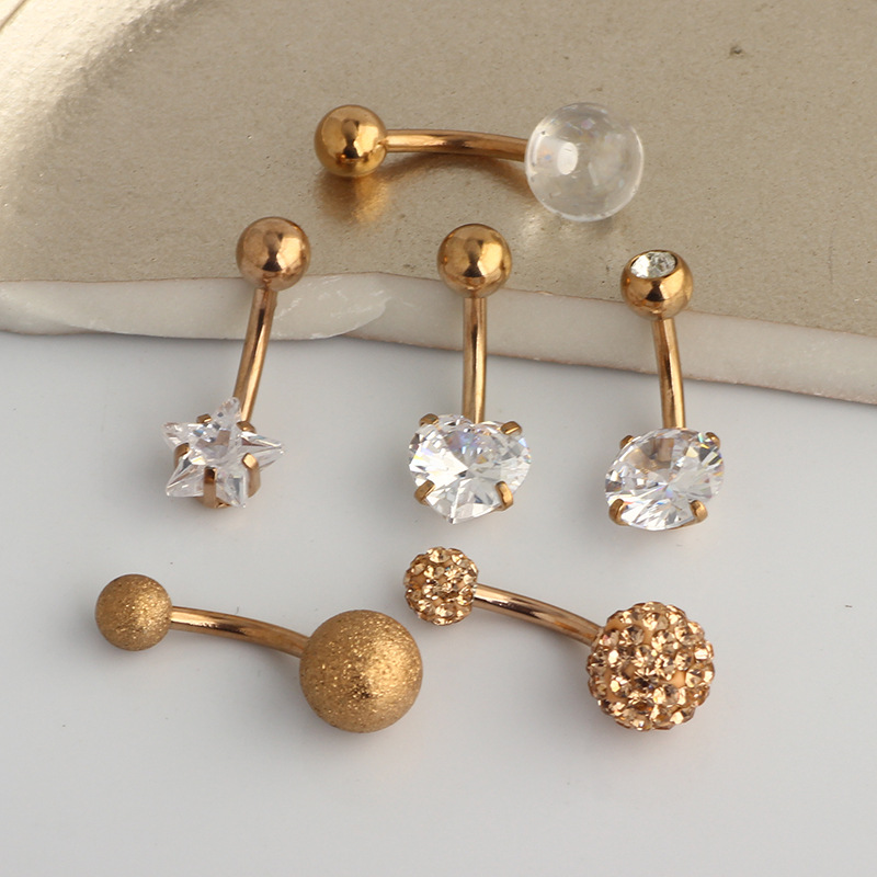 Rose Gold Star Belly Ring Set – 6 Piece Stainless Steel Body Piercing Jewelry - Image 3