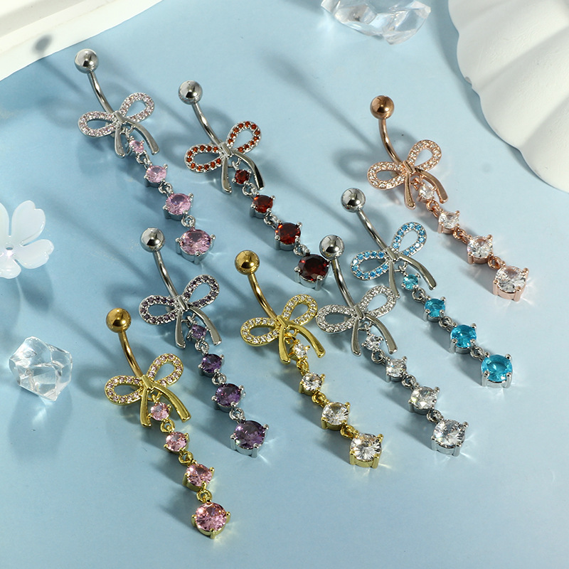 Bow Knot Navel Ring Rose Gold Zircon Belly Button Ring 316L Surgical Steel Body Piercing Jewelry for Women Men - Image 2