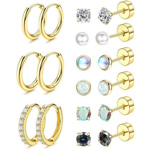 Fashion CZ Stud Earrings Set 9 Pairs Silver Stainless Steel Geometric Ear Jewelry