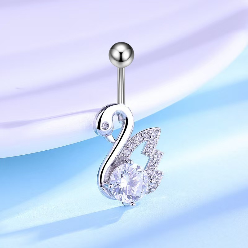 Fashionable Little Swan Belly Button Ring Copper Plated White Gold Tone CZ Dangle Navel Jewelry for Women - Image 5
