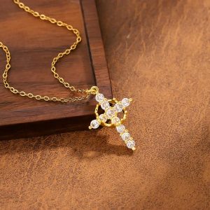 Women's Crown Cross Hollow Design Colorful Zircon Clavicle Chain Necklace Light Luxury Gold Plated Copper Jewelry