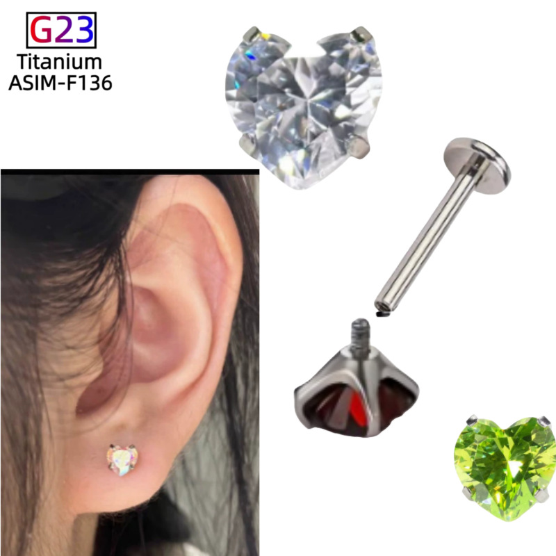 G23 Titanium Earring Heart Zircon Four-Claw Pointed Bottom Ear Bone Nails Lip Eyebrow Nails - Image 2