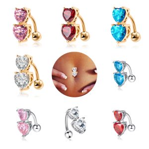 Double Heart Belly Button Ring Stainless Steel Navel Jewelry Dangle Heart Shape Body Piercing for Women