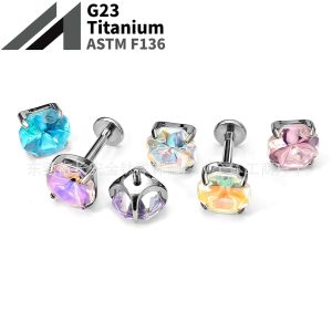F136 Titanium Round Base Claw-Inlaid Iridescent Water Baby Tongue Barbell - G23 Titanium Alloy Tongue, Lip, Nose, Ear Cartilage Piercing Jewelry