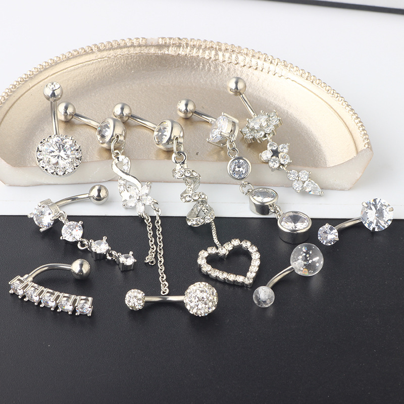 Amazon Zircon Navel Ring Set 10 Piece - Stainless Steel Silver Heart Belly Button Rings Body Piercing Jewelry - Image 4