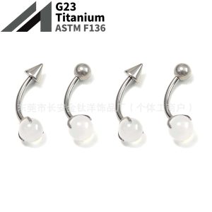 F136 Titanium Internal Thread Three-Claw Inlaid White Agate Pointed Cone Ball Navel Nail G23 Titanium Alloy Piercing Jewelry