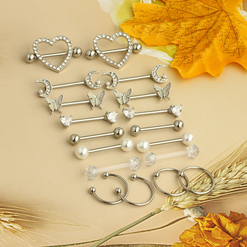 Stainless Steel Zircon Heart Breast Nipple Ring Set - 18K Gold Plated Body Piercing Jewelry for Women Men - Image 2
