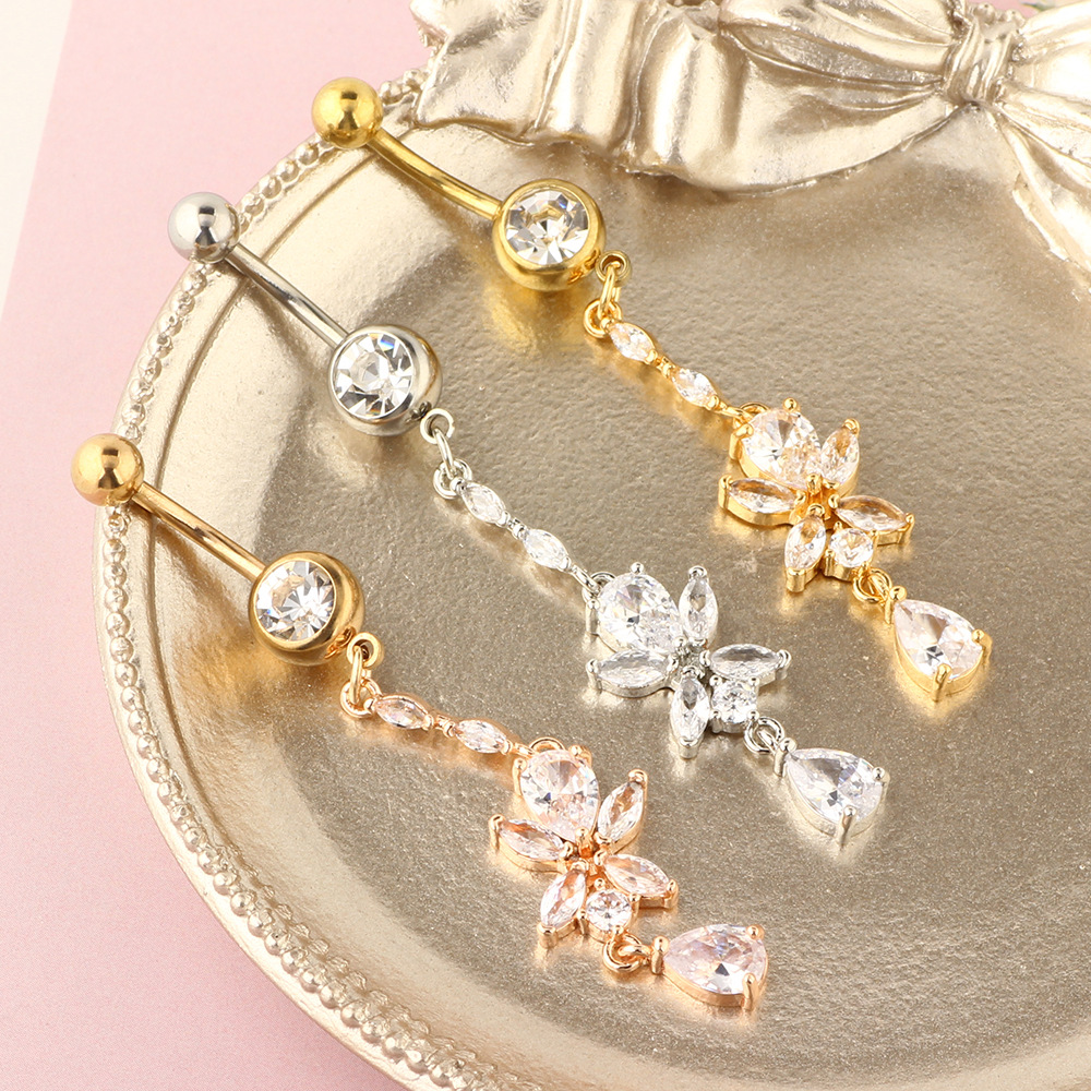 Rose Gold AAA Zircon Navel Ring Stainless Steel Body Piercing Jewelry - Image 2