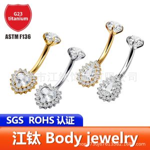 G23 Titanium Heart Waterdrop Zircon Belly Button Ring - ASTM F136 Body Piercing Jewelry