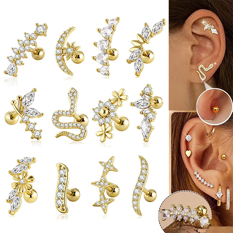 Moon and Plum Blossom Threaded Ear Bone Stud, Stainless Steel and Copper Zircon-Inlaid, Silver, New Arrival - Image 5