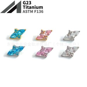 F136 Titanium Internal Thread Rhombus-Shaped Zirconia Stud Earrings G23 Titanium Alloy Body Piercing Jewelry Ear Bone Studs