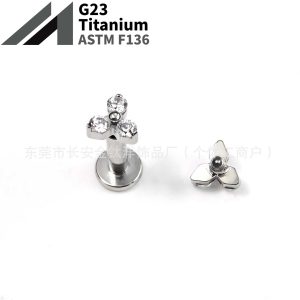 F136 Titanium Triangle Flower CZ Nose Lip Ear Stud Body Piercing Jewelry