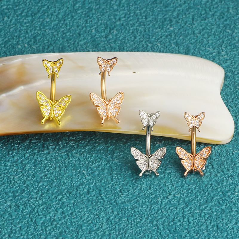 Butterfly Zircon Belly Button Ring Stainless Steel Dangle Navel Piercing Jewelry Rose Gold - Image 4
