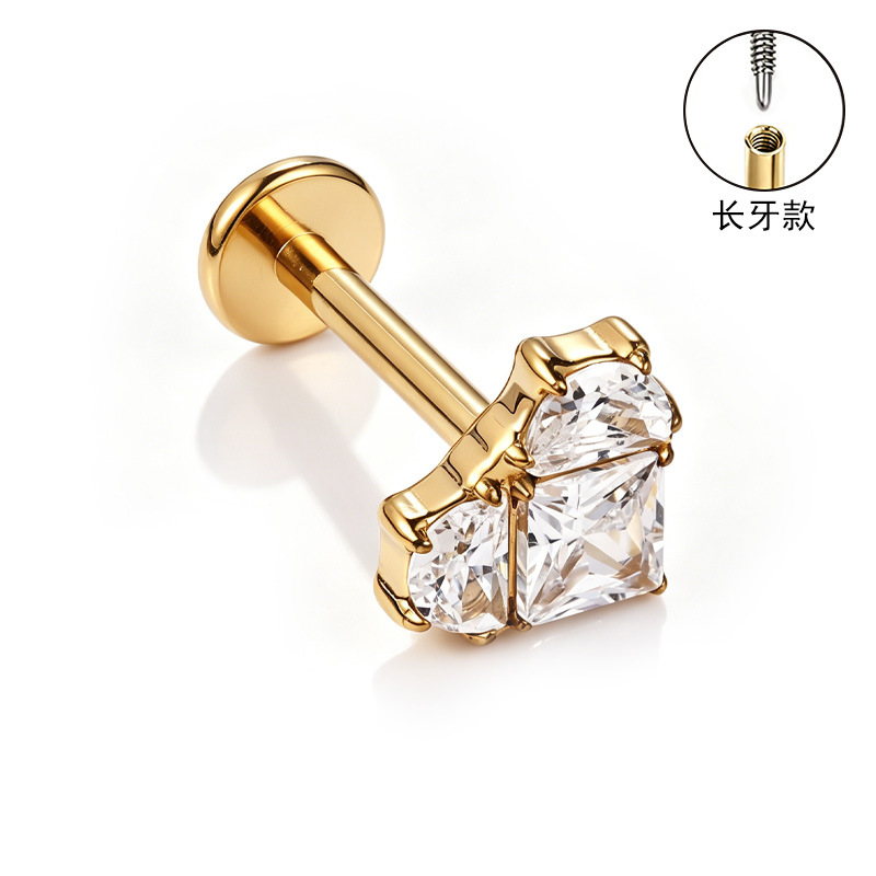 F136 Titanium Alloy Ear Studs – Finely Carved Long Tooth Ear Bone Studs with Zirconia, G23 Titanium Body Piercing Jewelry in Gold - Image 3