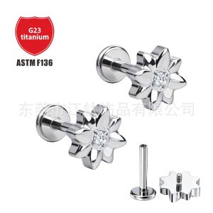 Titanium Flower Ear Stud with Zircon External Thread G23 Titanium Alloy Body Piercing Jewelry Ear Cartilage Stud