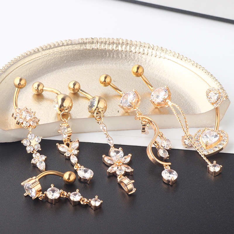 Mixed Zircon Navel Ring Set - 7-Piece Belly Button Piercing Jewelry with Heart Shape - Image 3