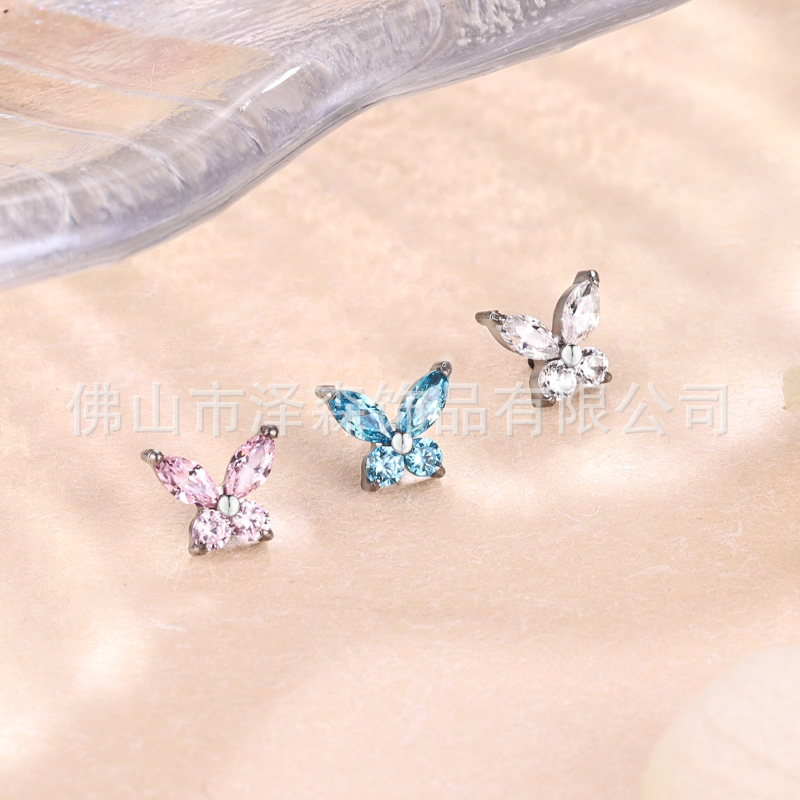 F136 Titanium Alloy Butterfly Lip Earrings with Zircon - Internal Thread Body Piercing Jewelry Lip Stud Ear Bone Nails - Image 3