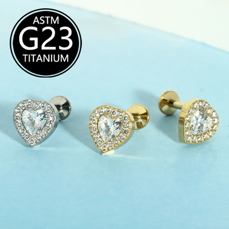 G23 Titanium Full Diamond Heart Lip Nail Earrings Implant Grade Skin-Friendly Ear Bone Piercing Jewelry - Image 4