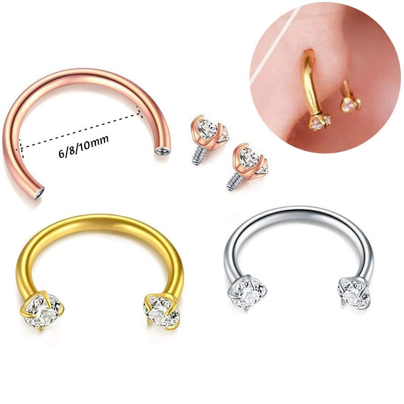 G23 Titanium Horseshoe Ring with Zircon Inlay Lip Eyebrow Cartilage Piercing Jewelry - Image 2