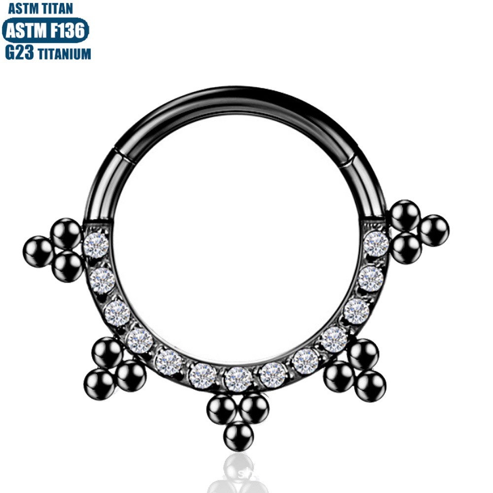 Titanium Alloy Septum Ring Nose Piercing Jewelry with Zircon Welded Beads - Black 1.2x12mm - Image 4