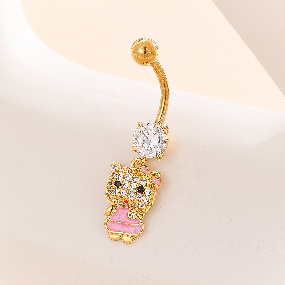 2025 Spring Cute Pink Kitty Cat Cartoon Navel Ring Copper Gold Plated Belly Jewelry - Image 2