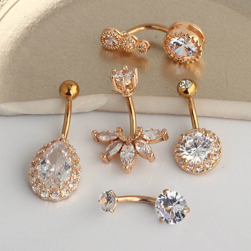 Freshly Released Rose Gold Navel Ring Set - 5-Piece Umbilical Body Piercing Jewelry with CZ Stones - Image 4