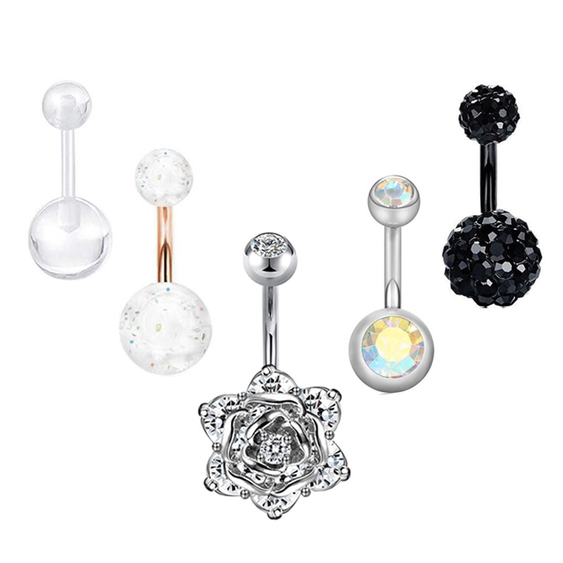 Stainless Steel Zircon Belly Ring Set - 5 Piece Navel Piercing Jewelry with Cactus Floral Design - Image 2