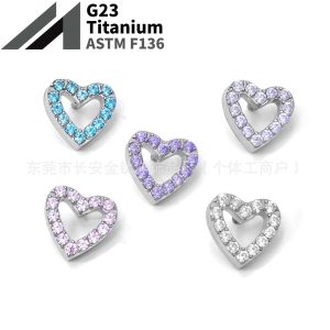 F136 Titanium Internal Thread Full Diamond Heart Earrings Lip Nails Nose Nails Ear Bone Nails G23 Titanium Alloy Body Piercing Jewelry