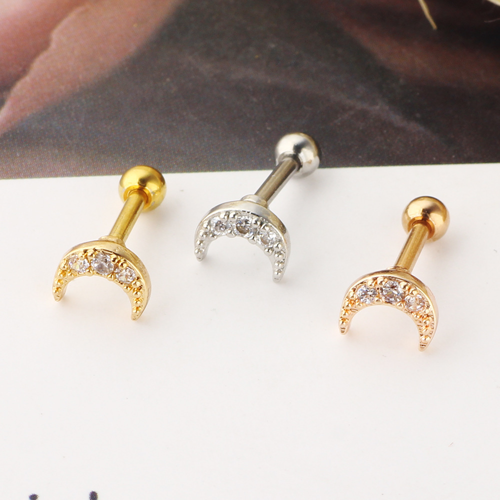 Zircon Stainless Steel Women's Ear Bone Nail Screw Earrings Piercing Jewelry Moon Lip Ring - Image 3