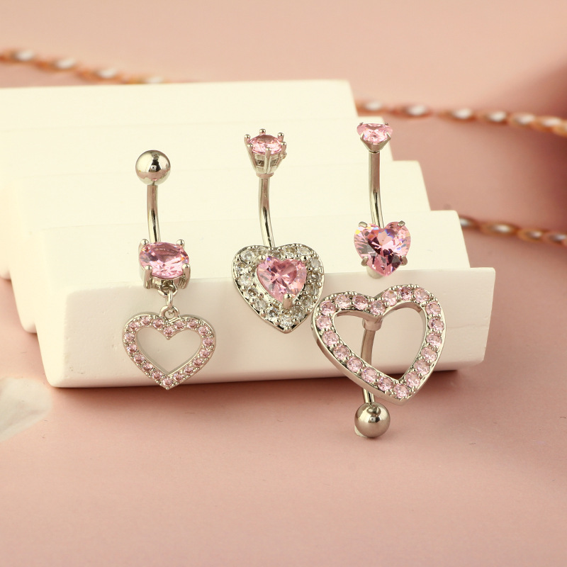 Peach Heart Zircon Belly Button Ring - 316L Surgical Steel Love Belly Ring for Women Men Hip Hop Style - Image 3