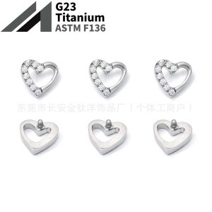 F136 Titanium Half-Set Zircon Heart Earrings Lip Nails Nose Nails G23 Titanium Alloy Body Piercing Jewelry Ear Bone Nails
