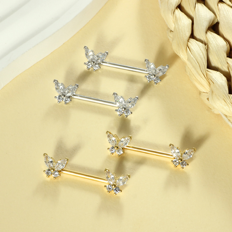 Butterfly White Zircon Nipple Ring Stainless Steel Simple Style Body Jewelry Pair - Image 4