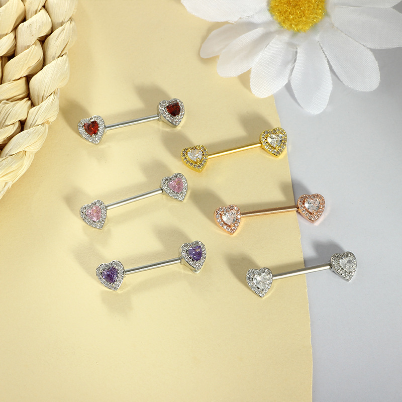 Cross-shaped Zircon Heart Breast Ring - 316L Surgical Steel Body Jewelry for Nipple, Ear, Tongue Piercing - Silver Red Gem Pair - Image 2